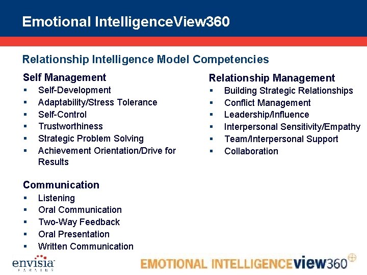 Emotional Intelligence. View 360 Relationship Intelligence Model Competencies Self Management Relationship Management § Self-Development