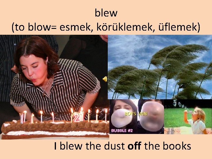 blew (to blow= esmek, körüklemek, üflemek) I blew the dust off the books 