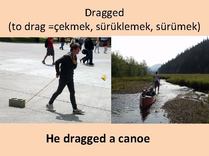 Dragged (to drag =çekmek, sürüklemek, sürümek) He dragged a canoe 