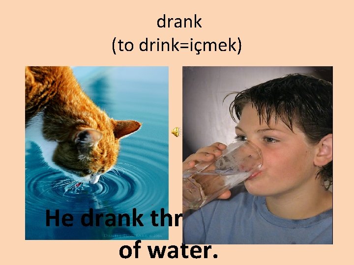 drank (to drink=içmek) He drank three glasses of water. 
