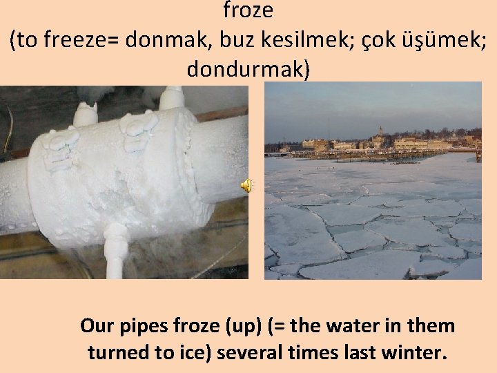 froze (to freeze= donmak, buz kesilmek; çok üşümek; dondurmak) Our pipes froze (up) (=