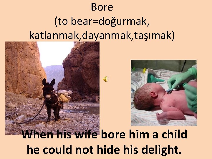 Bore (to bear=doğurmak, katlanmak, dayanmak, taşımak) When his wife bore him a child he