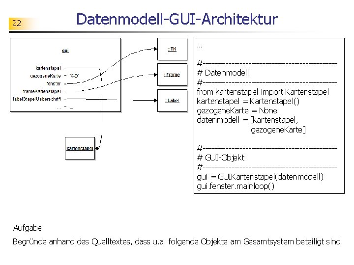 22 Datenmodell-GUI-Architektur … #-----------------------# Datenmodell #-----------------------from kartenstapel import Kartenstapel kartenstapel = Kartenstapel() gezogene. Karte
