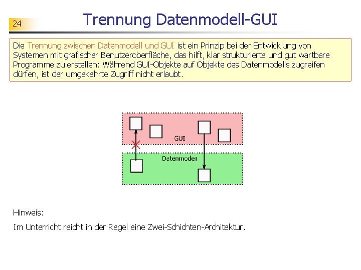 24 Trennung Datenmodell-GUI Die Trennung zwischen Datenmodell und GUI ist ein Prinzip bei der