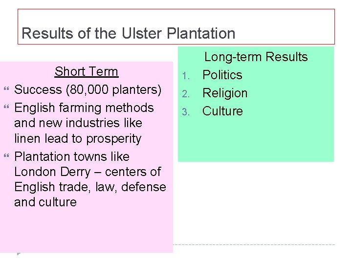 Results of the Ulster Plantation Short Term Success (80, 000 planters) English farming methods
