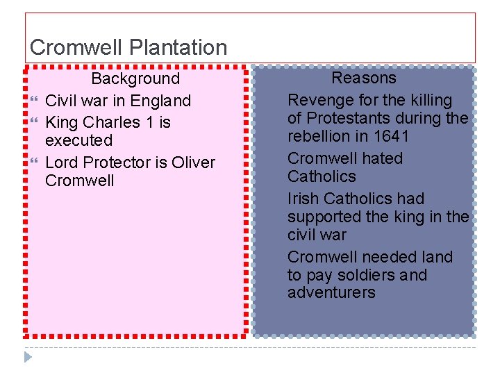 Cromwell Plantation Background Civil war in England King Charles 1 is executed Lord Protector
