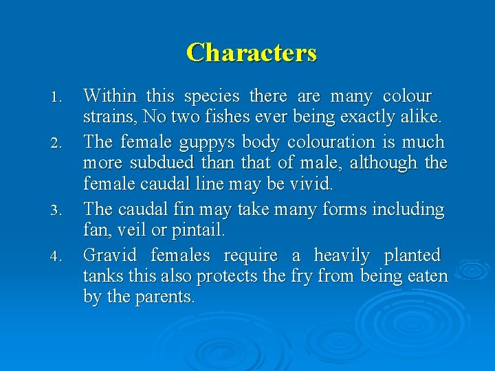 Characters 1. 2. 3. 4. Within this species there are many colour strains, No