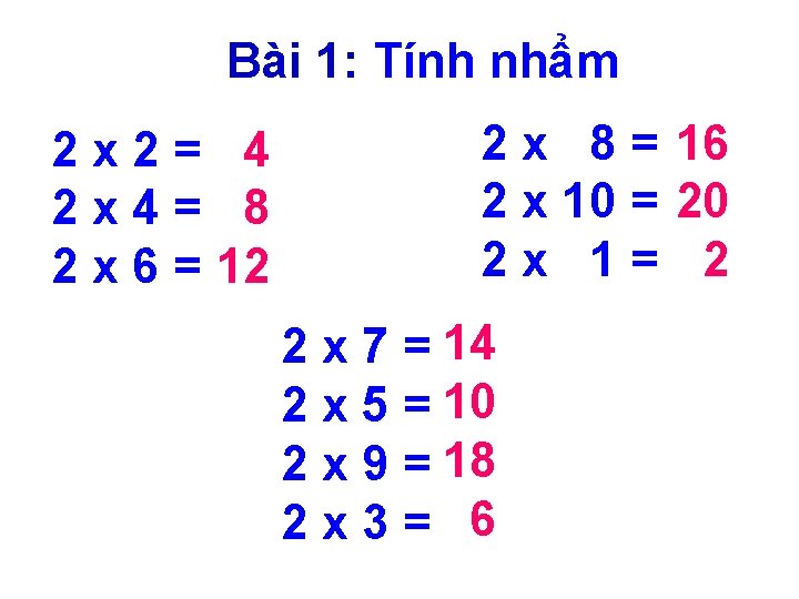 Bài 1: Tính nhẩm 2 x 2= 4 2 x 4= 8 2 x