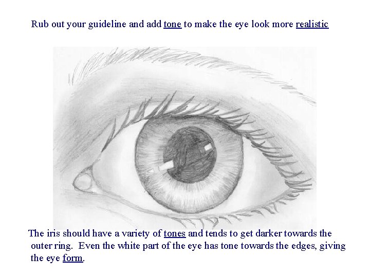 Rub out your guideline and add tone to make the eye look more realistic Rub out your guideline and add tone to make the eye look more realistic
