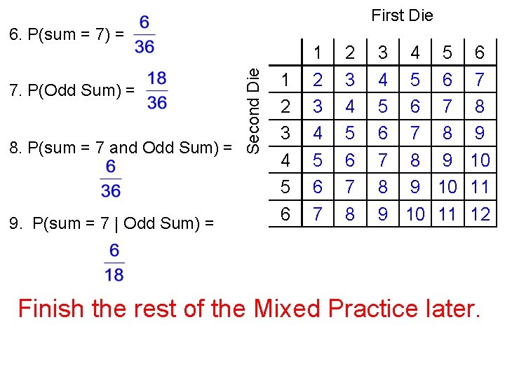 First Die 7. P(Odd Sum) = 8. P(sum = 7 and Odd Sum) =