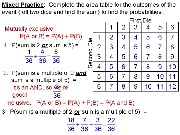 Second Die Mixed Practice: Complete the area table for the outcomes of the event