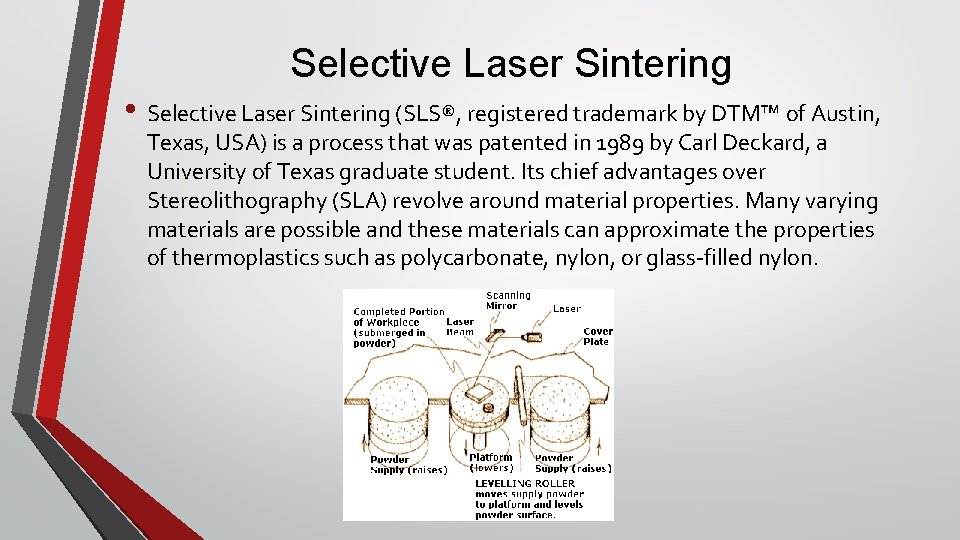 Selective Laser Sintering • Selective Laser Sintering (SLS®, registered trademark by DTM™ of Austin,