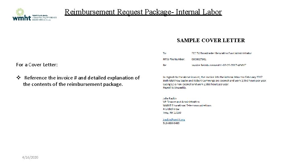 Reimbursement Request Package- Internal Labor SAMPLE COVER LETTER For a Cover Letter: Reference the