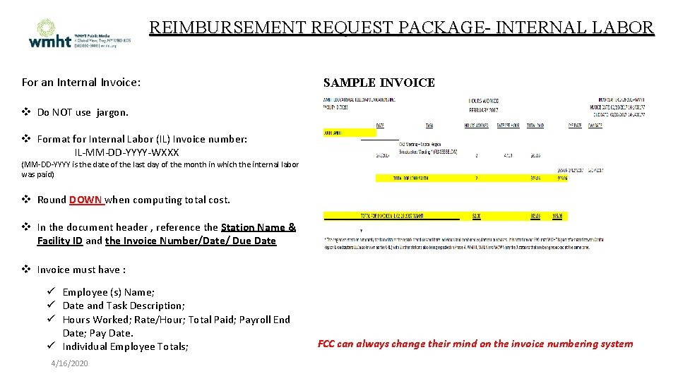 REIMBURSEMENT REQUEST PACKAGE- INTERNAL LABOR For an Internal Invoice: SAMPLE INVOICE Do NOT use