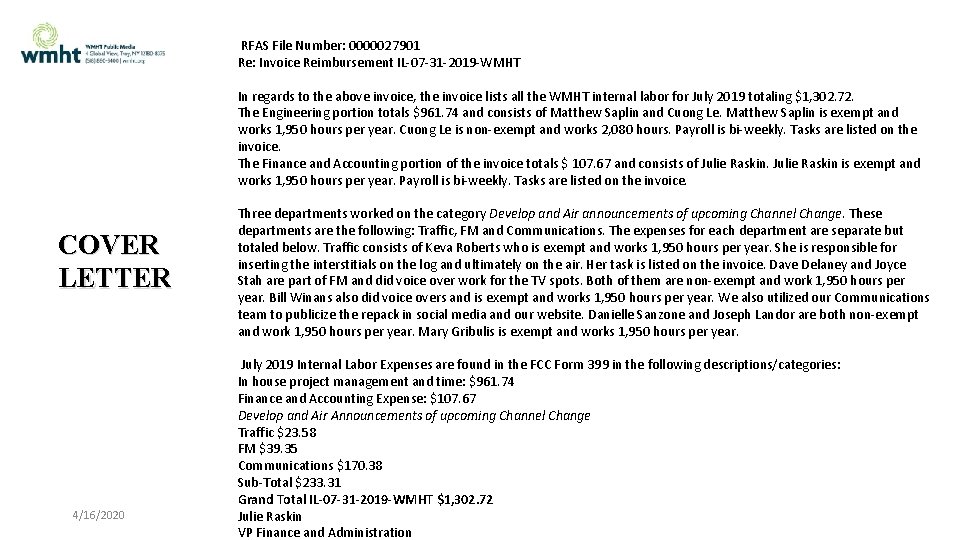 RFAS File Number: 0000027901 Re: Invoice Reimbursement IL-07 -31 -2019 -WMHT In regards to