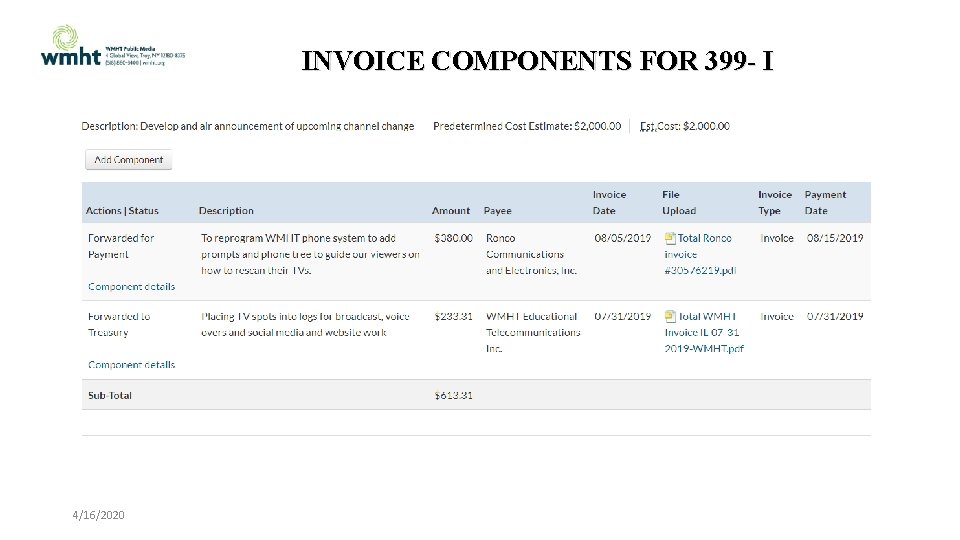 INVOICE COMPONENTS FOR 399 - I 4/16/2020 