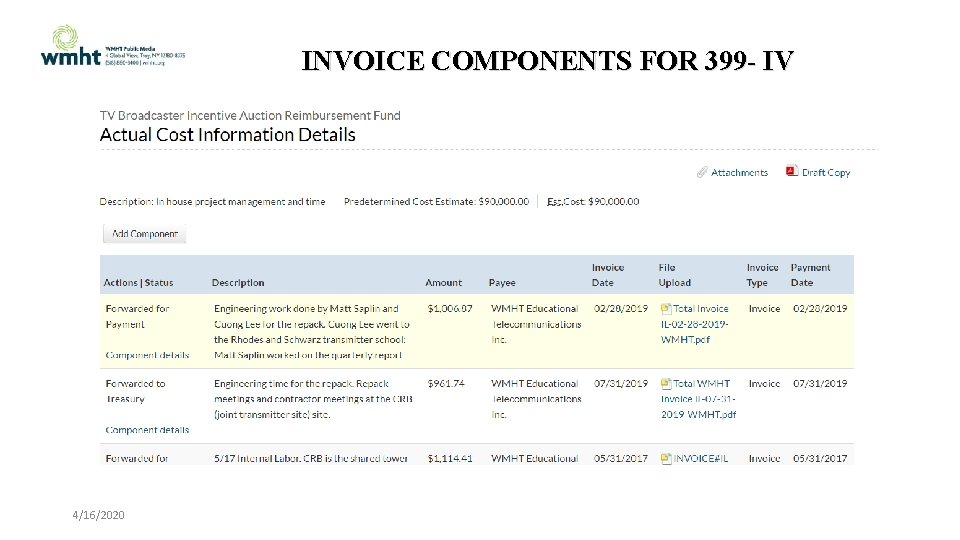 INVOICE COMPONENTS FOR 399 - IV 4/16/2020 