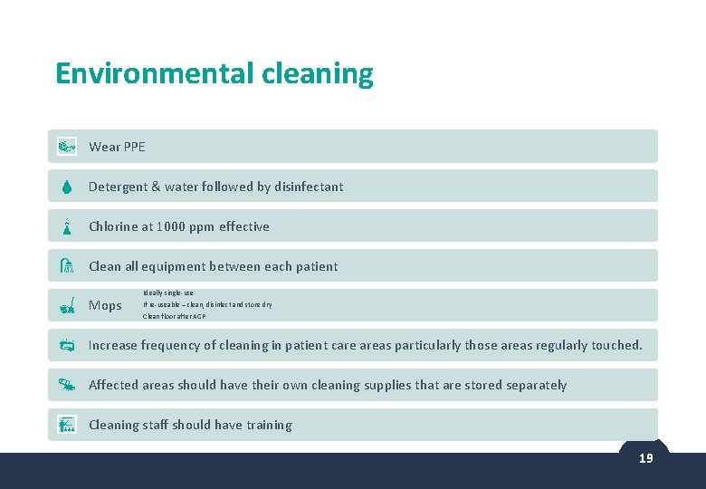 Environmental cleaning Wear PPE Detergent & water followed by disinfectant Chlorine at 1000 ppm