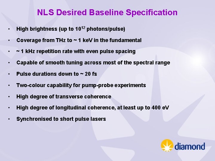 NLS Desired Baseline Specification • High brightness (up to 1012 photons/pulse) • Coverage from