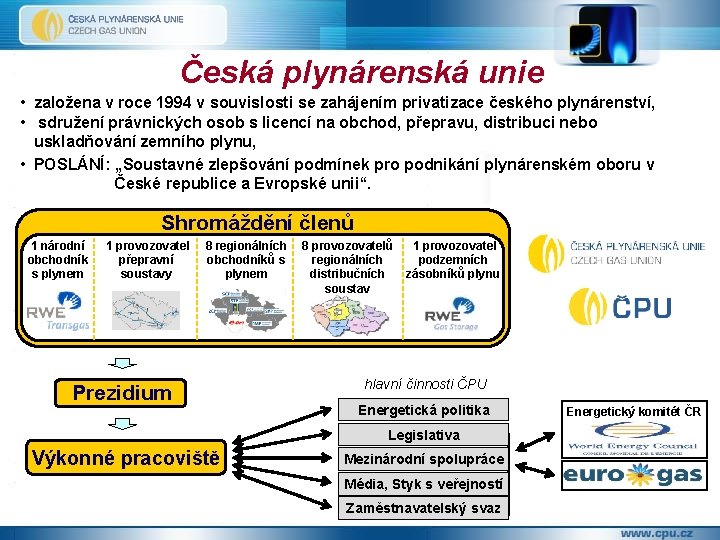 Česká plynárenská unie • založena v roce 1994 v souvislosti se zahájením privatizace českého