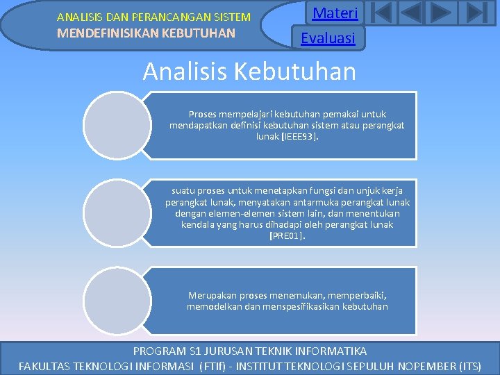 ANALISIS DAN PERANCANGAN SISTEM MENDEFINISIKAN KEBUTUHAN Materi Evaluasi Analisis Kebutuhan Proses mempelajari kebutuhan pemakai