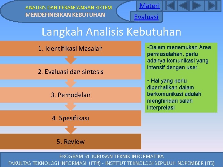 ANALISIS DAN PERANCANGAN SISTEM MENDEFINISIKAN KEBUTUHAN Materi Evaluasi Langkah Analisis Kebutuhan 1. Identifikasi Masalah