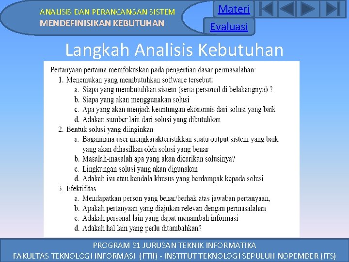 ANALISIS DAN PERANCANGAN SISTEM MENDEFINISIKAN KEBUTUHAN Materi Evaluasi Langkah Analisis Kebutuhan PROGRAM S 1