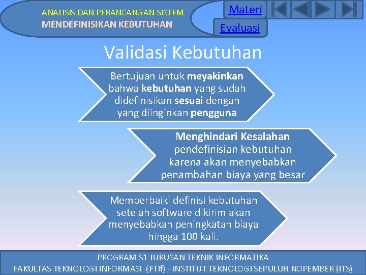 ANALISIS DAN PERANCANGAN SISTEM MENDEFINISIKAN KEBUTUHAN Materi Evaluasi Validasi Kebutuhan Bertujuan untuk meyakinkan bahwa