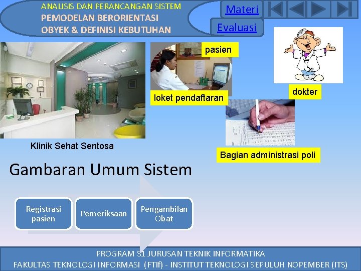 ANALISIS DAN PERANCANGAN SISTEM PEMODELAN BERORIENTASI OBYEK & DEFINISI KEBUTUHAN Materi Evaluasi pasien loket