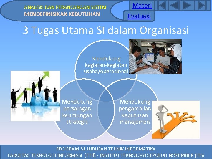 ANALISIS DAN PERANCANGAN SISTEM MENDEFINISIKAN KEBUTUHAN Materi Evaluasi 3 Tugas Utama SI dalam Organisasi