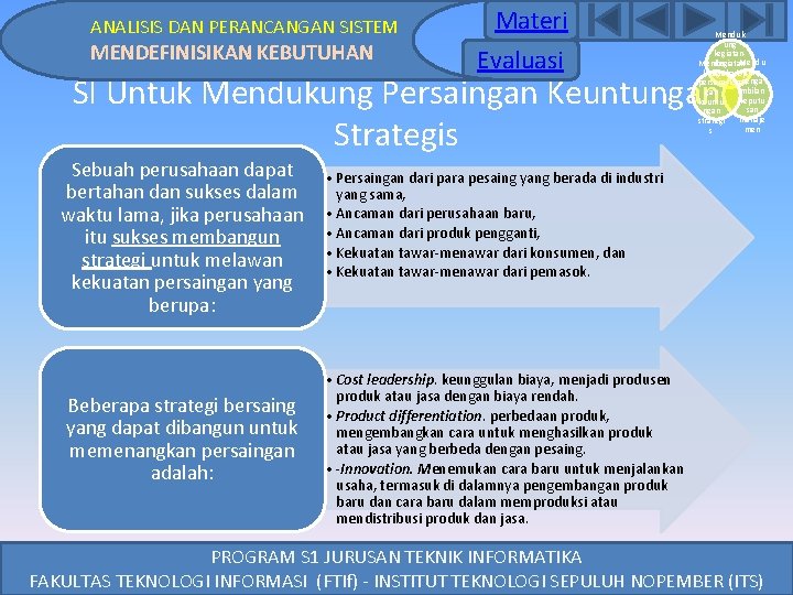 ANALISIS DAN PERANCANGAN SISTEM MENDEFINISIKAN KEBUTUHAN Materi Evaluasi Menduk ung kegiatan. Mendu kegiatan kung