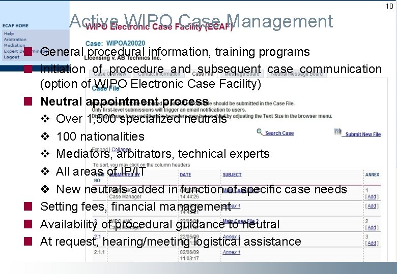 10 Active WIPO Case Management General procedural information, training programs Initiation of procedure and