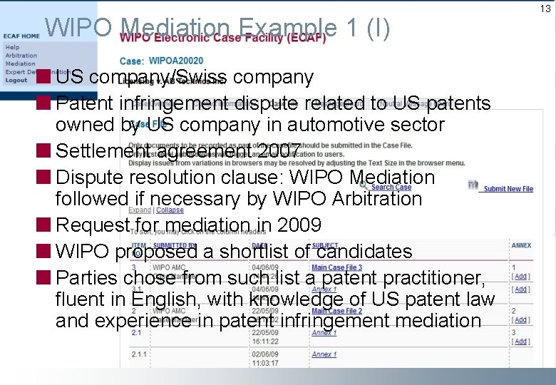 WIPO Mediation Example 1 (I) US company/Swiss company Patent infringement dispute related to US