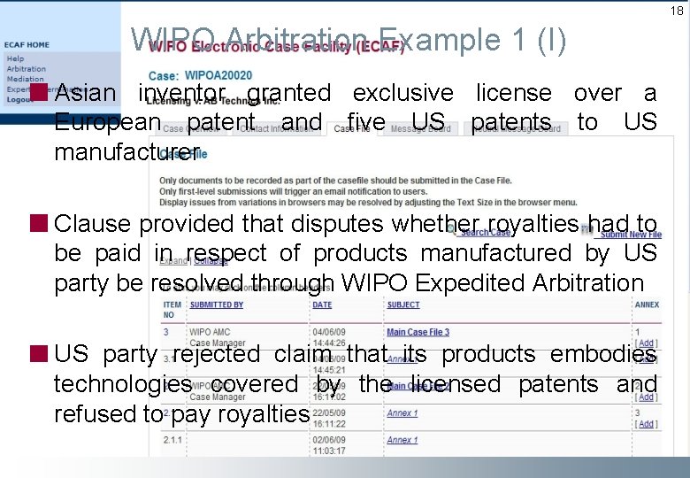 18 WIPO Arbitration Example 1 (I) Asian inventor granted exclusive license over a European