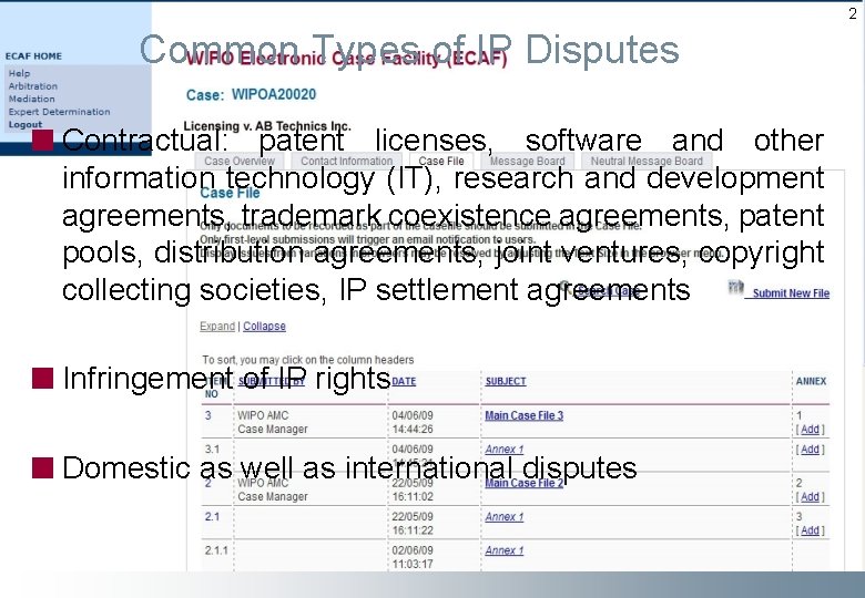 2 Common Types of IP Disputes Contractual: patent licenses, software and other information technology