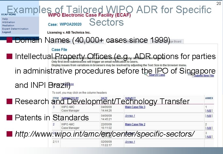 Examples of Tailored WIPO ADR for Specific Sectors Domain Names (40, 000+ cases since