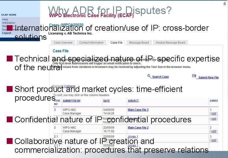 Why ADR for IP Disputes? Internationalization of creation/use of IP: cross-border solutions Technical and