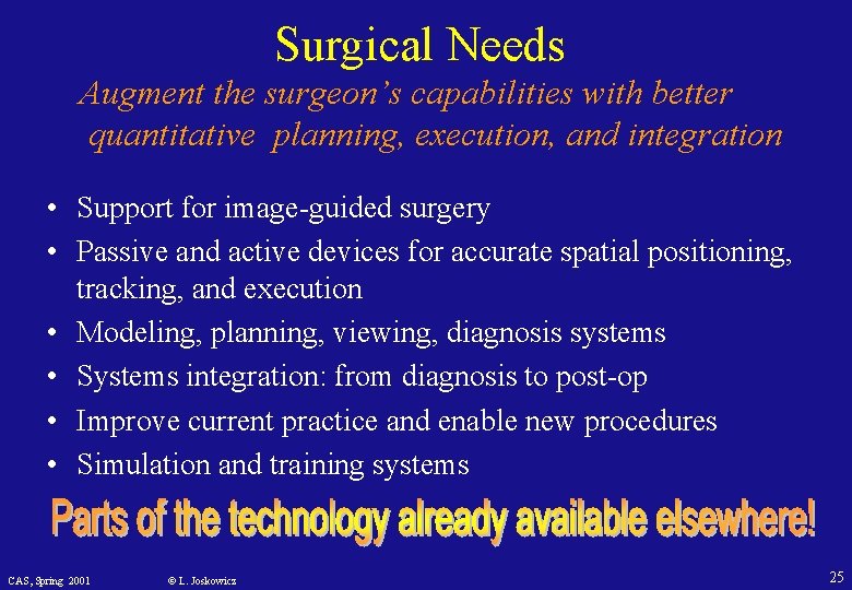 Surgical Needs Augment the surgeon’s capabilities with better quantitative planning, execution, and integration •