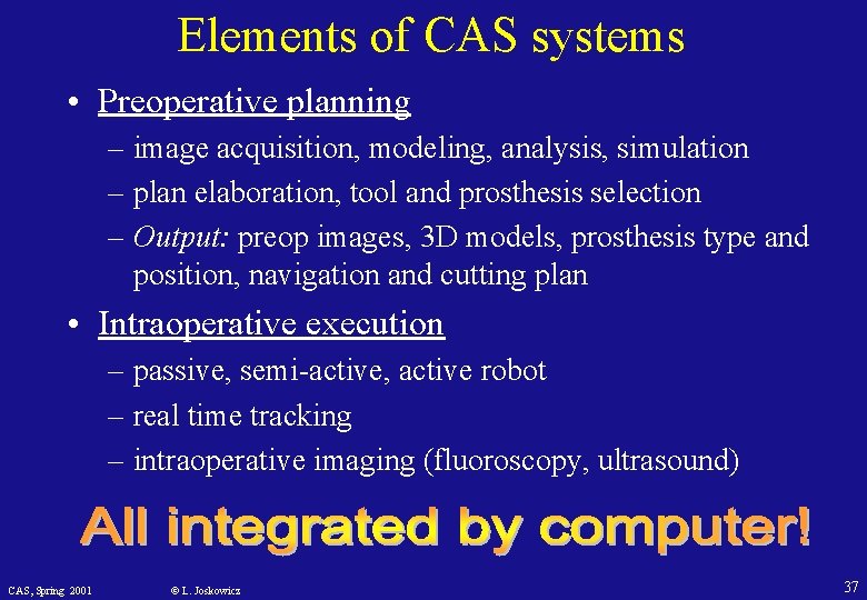 Elements of CAS systems • Preoperative planning – image acquisition, modeling, analysis, simulation –