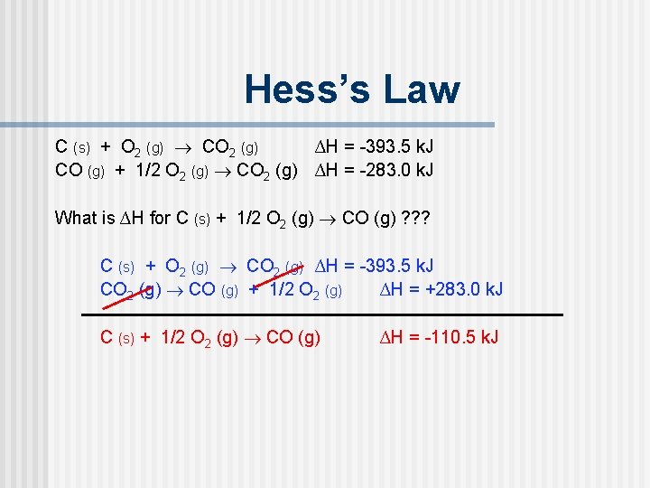 Hess’s Law C (s) + O 2 (g) CO 2 (g) ∆H = -393. Hess’s Law C (s) + O 2 (g) CO 2 (g) ∆H = -393.