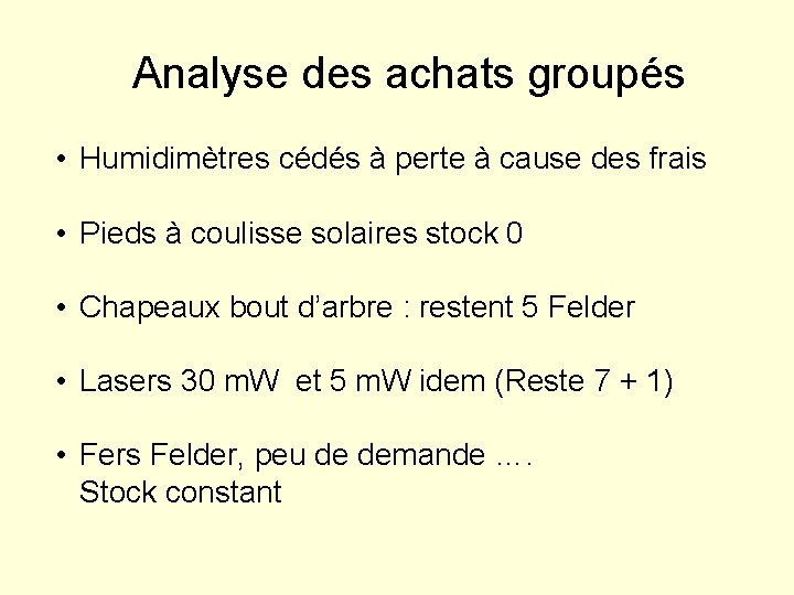 Analyse des achats groupés • Humidimètres cédés à perte à cause des frais •