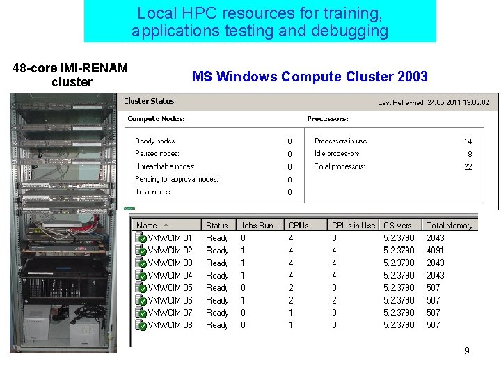 Local HPC resources for training, applications testing and debugging 48 -core IMI-RENAM cluster MS