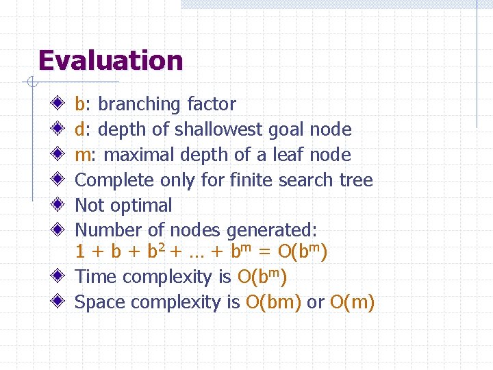 Evaluation b: branching factor d: depth of shallowest goal node m: maximal depth of