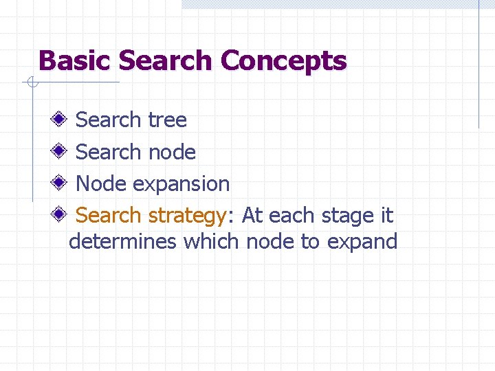 Basic Search Concepts Search tree Search node Node expansion Search strategy: At each stage