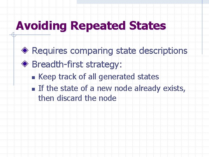 Avoiding Repeated States Requires comparing state descriptions Breadth-first strategy: n n Keep track of