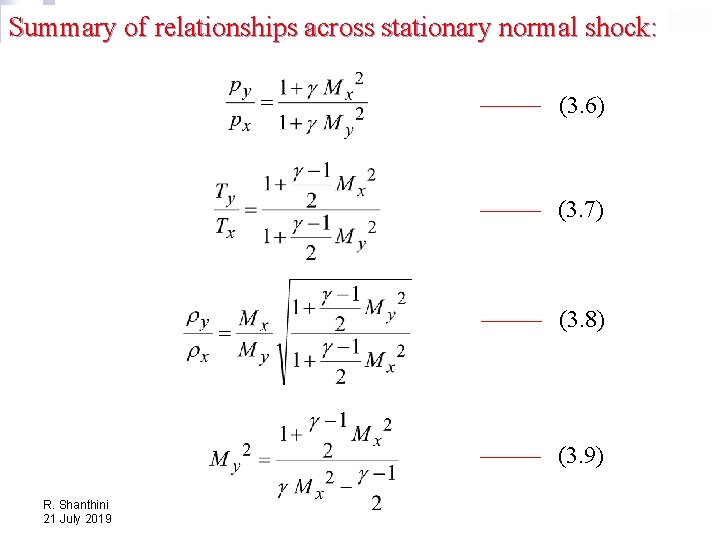 Summary of relationships across stationary normal shock: (3. 6) (3. 7) (3. 8) (3.