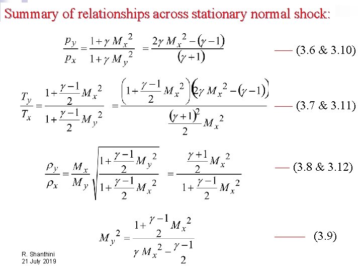 Summary of relationships across stationary normal shock: (3. 6 & 3. 10) (3. 7