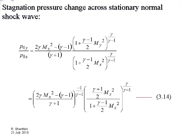 Stagnation pressure change across stationary normal shock wave: (3. 14) R. Shanthini 21 July