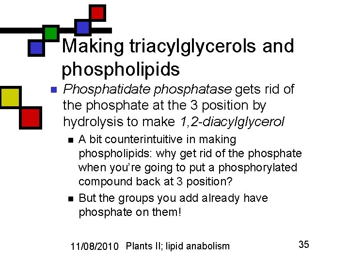 Making triacylglycerols and phospholipids n Phosphatidate phosphatase gets rid of the phosphate at the