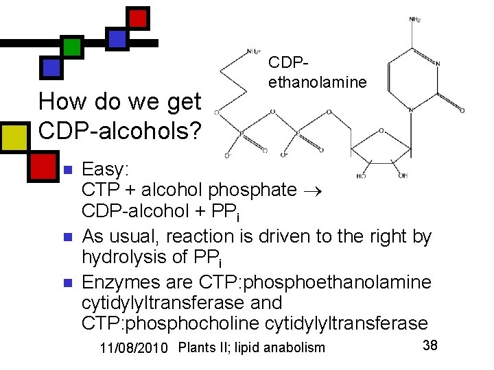 How do we get CDP-alcohols? n n n CDPethanolamine Easy: CTP + alcohol phosphate